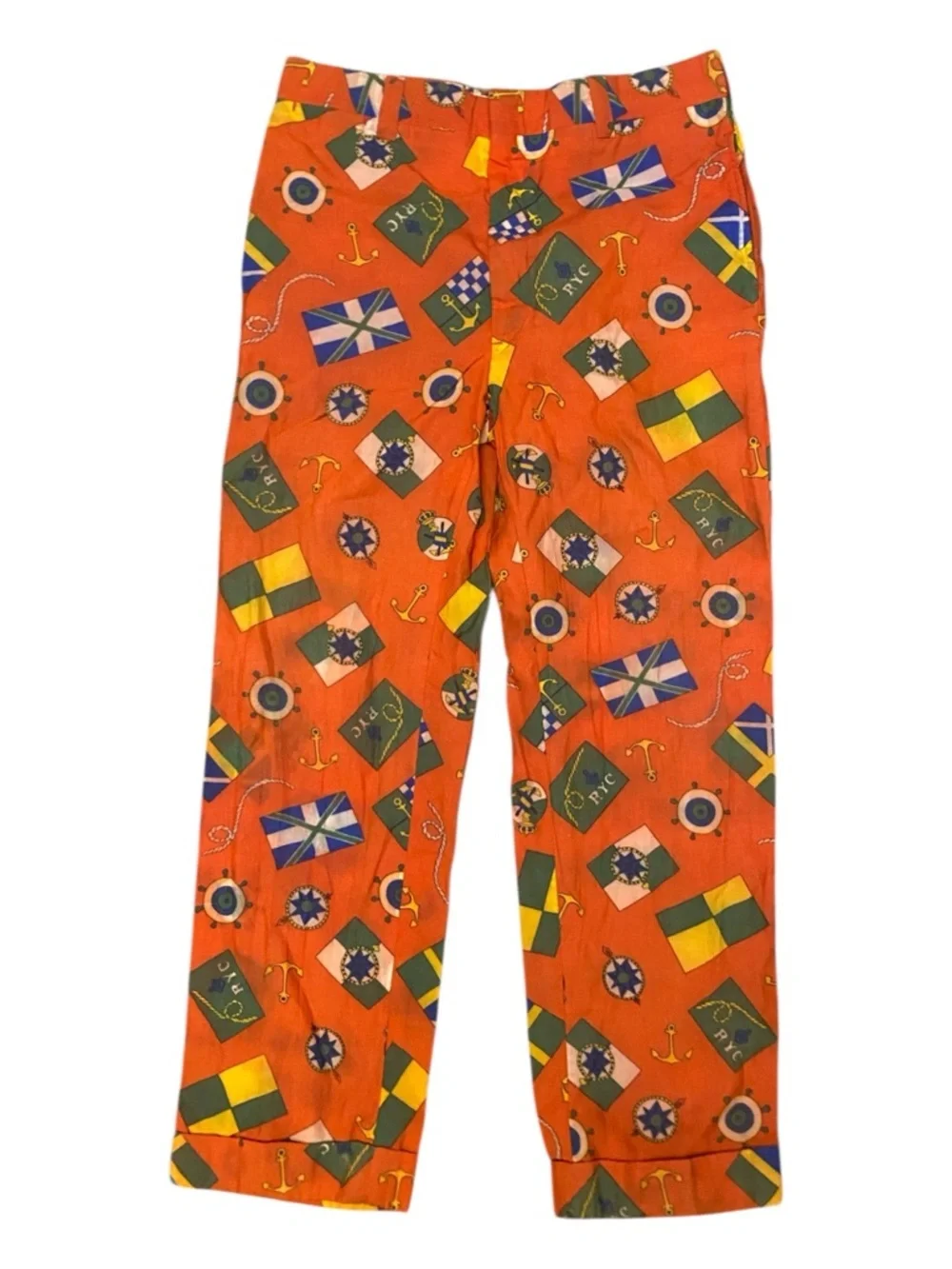 The Last Resort Vintage Womens Orange Nautical Flag Pants Travel Vacation